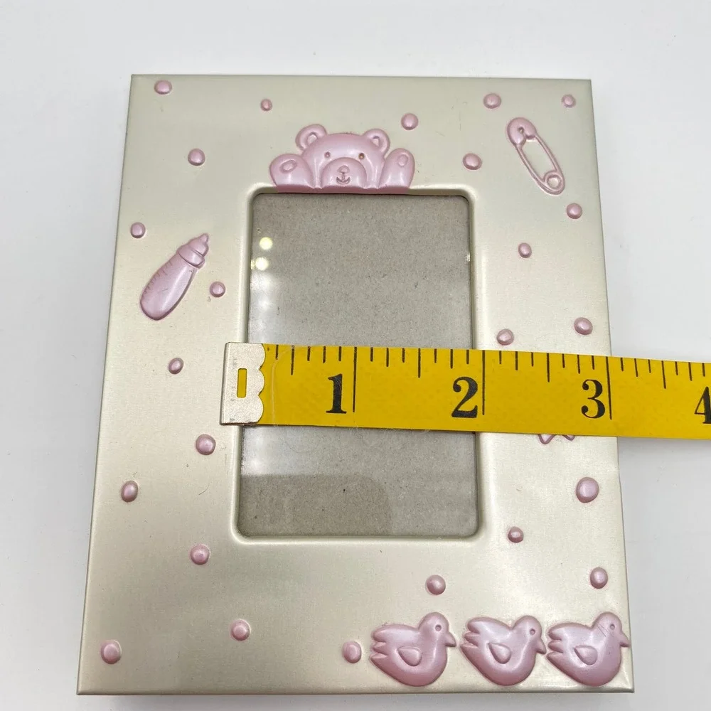 Baby Photo Frame Pink Teddy Bear Chicks Safety Pin Metal Design Tabletop Display